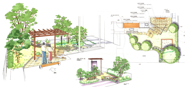 ジャパニーズモダンガーデンテラスとパーゴラ